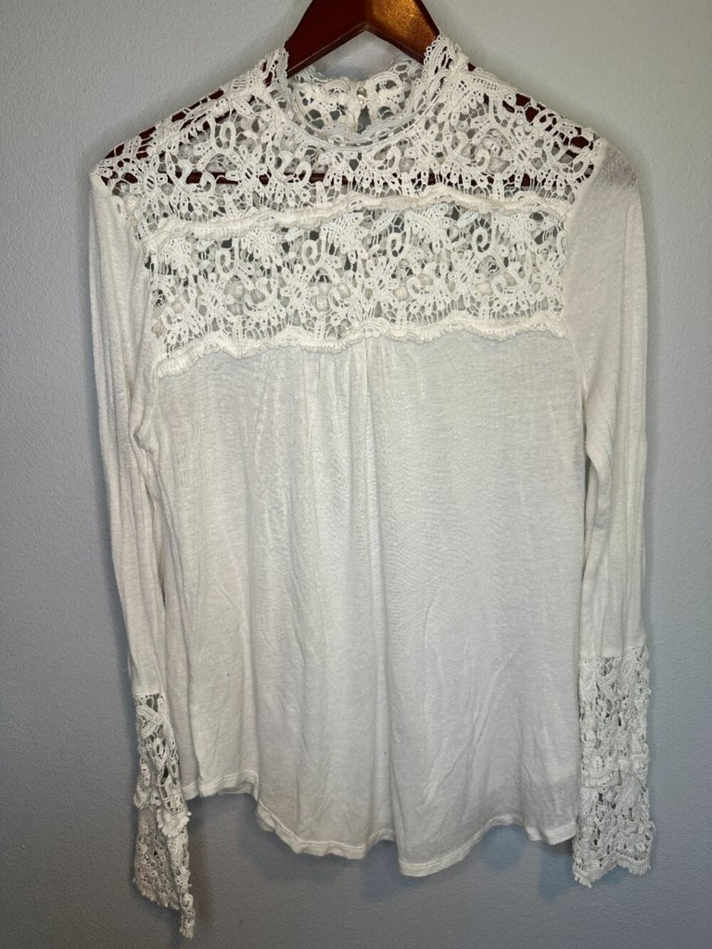 Cato White Crochet Lace Boho Long Sleeve High Neck Top - Medium